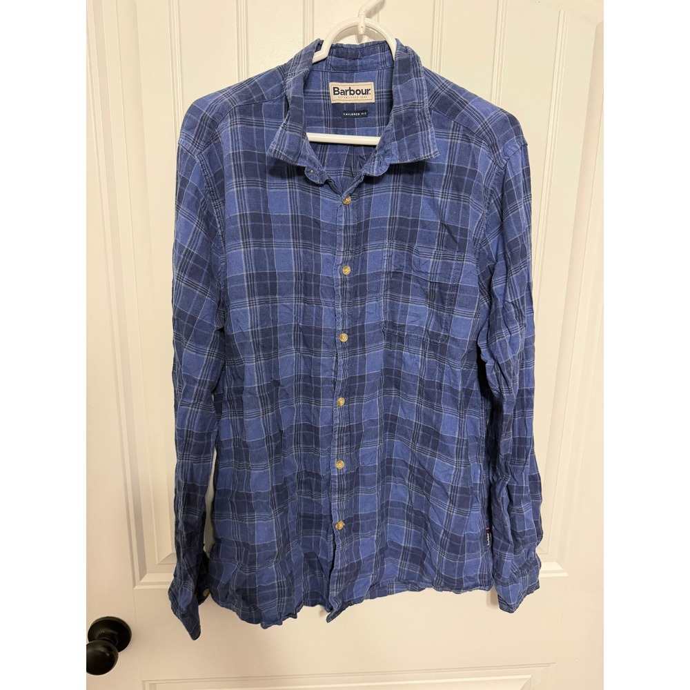 Barbour Linen Shirt Mens Large Tailored Fit Blue Plaid MSH5283BL53 EUC